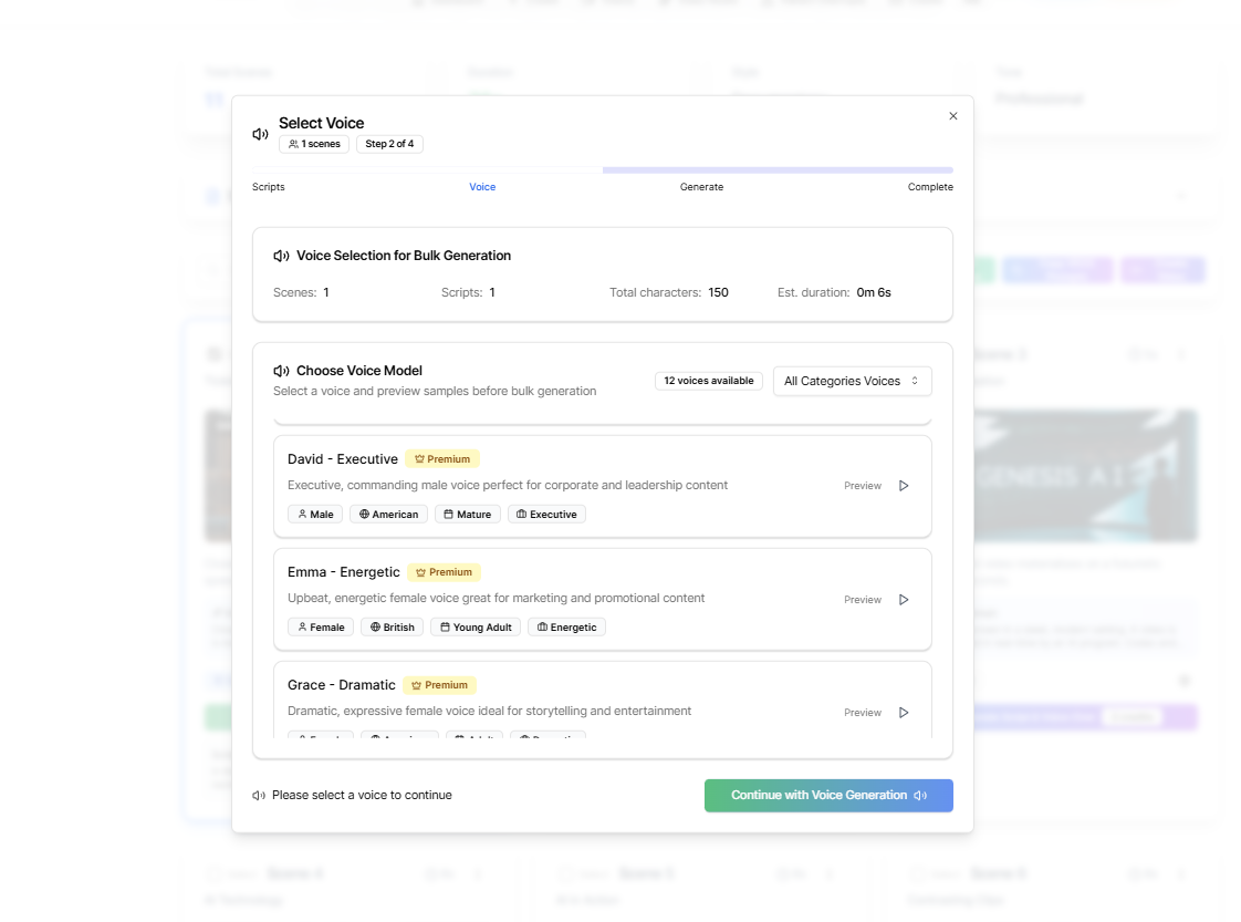 Voice-Over Creation Interface - Professional AI voice synthesis with emotion and tone control